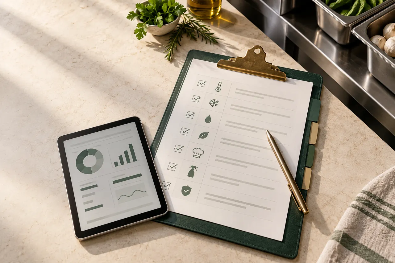 Materiais e registros de boas práticas organizados em uma mesa de trabalho