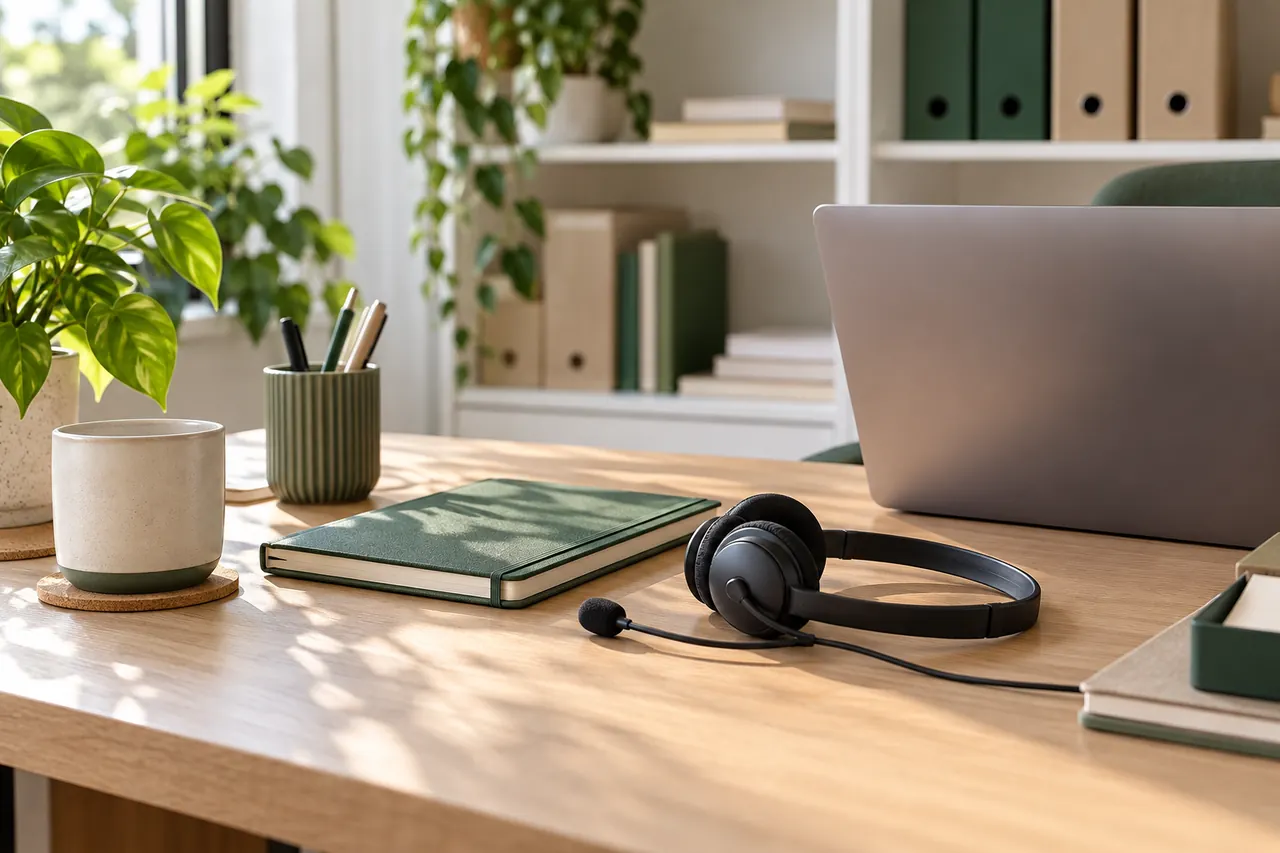 Ilustração de uma mesa de atendimento com headset e materiais de consulta