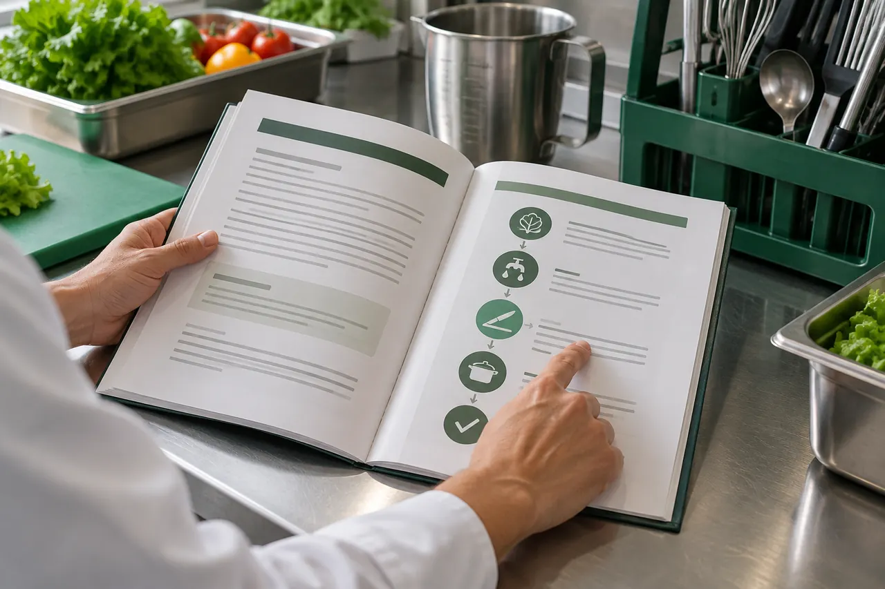 Ilustração de consulta a um manual de procedimentos em uma cozinha profissional